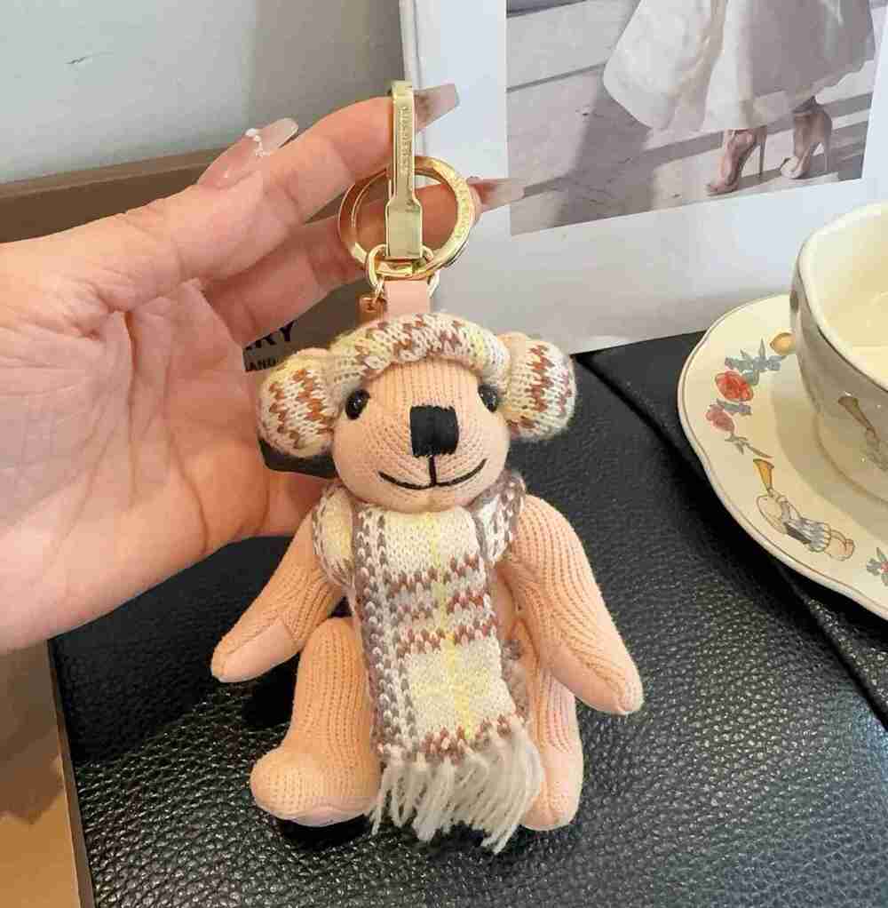 Burberry Pink Thomas Bear Bag Charm Knit Plaid Teddy Bear Keychain Accessory